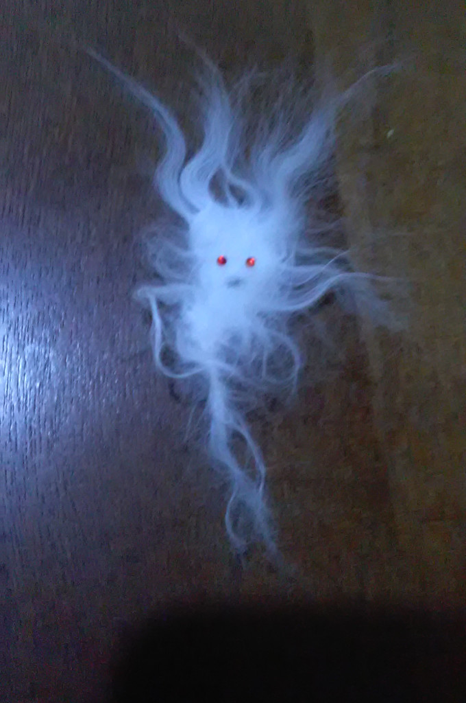 I photographed what looks like some kind of spirit â€” a white mass with red eyes and wispy edges. Some longer wisps resemble wild hair or arms, and some form a trailing lower section.